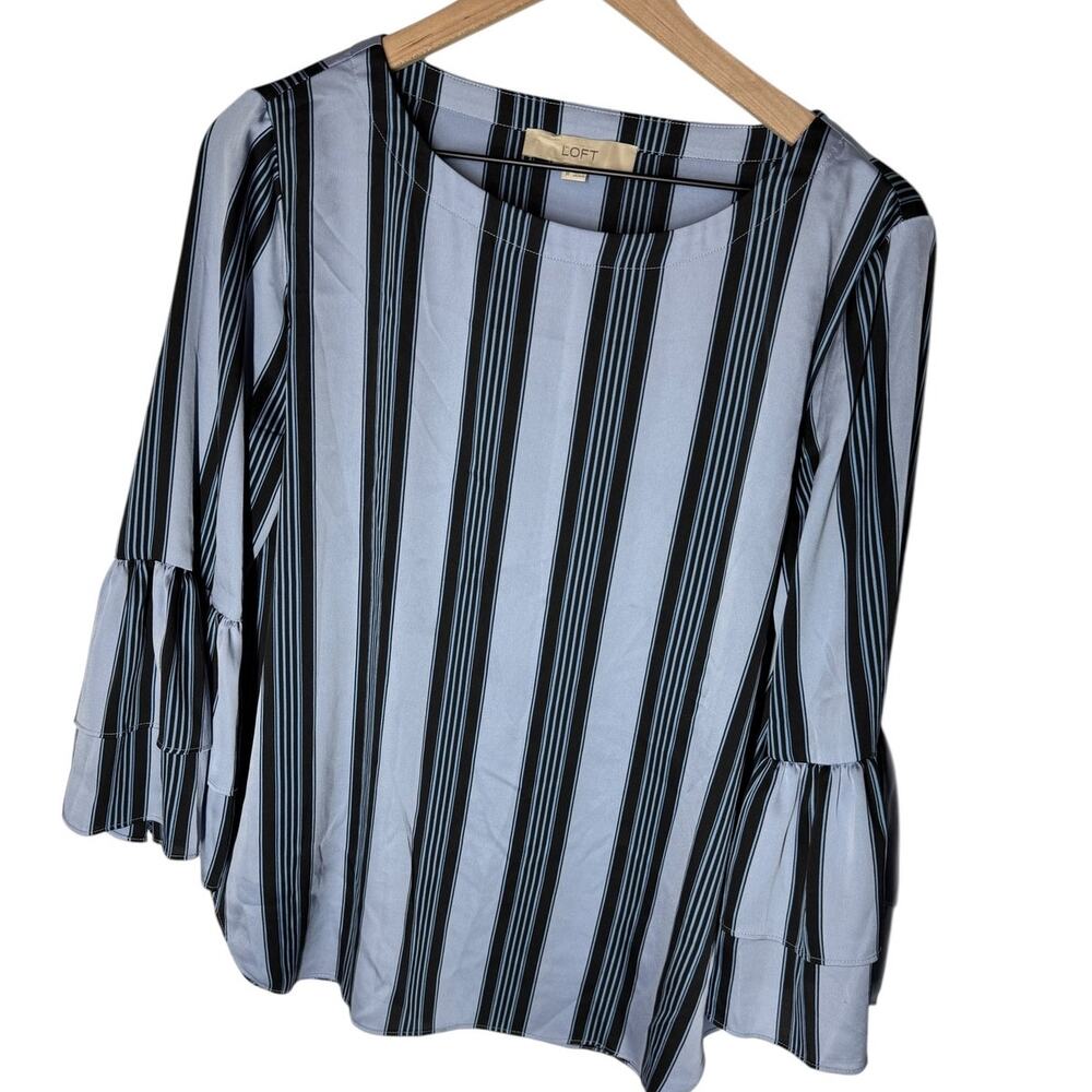 LOFT Blue Black Striped Blouse Medium Bell Sleeve 3/4 Sleeve Top